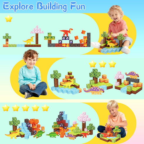 158PCS 1Inch 3D 3 -12 Magnetic Blocks- Magnetic Cubes Dinosaur World for Kids STEM Construction Toys - Learning