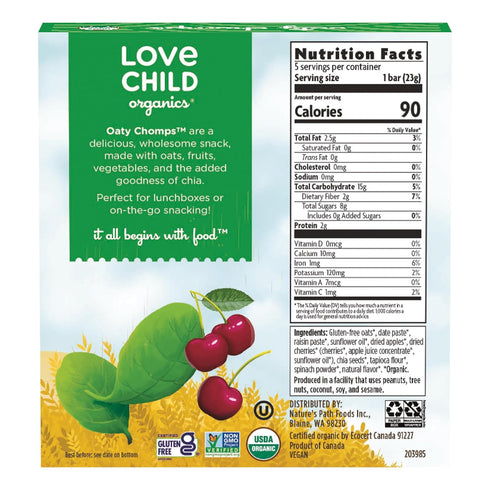 4 oz (Pack 1), Love Child Organics Oaty Chomps Cherry + Spinach Snack Bars, of Gluten Free, Non-GMO, by Nature's Path