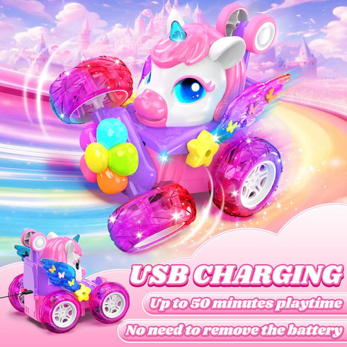 Zmpolir Lights,360Rotation 3 4 5 6 7 8 9 10 Unicorn RC Cars for Girl Toys with Glowling Crystal Wings &Eyes Remote
