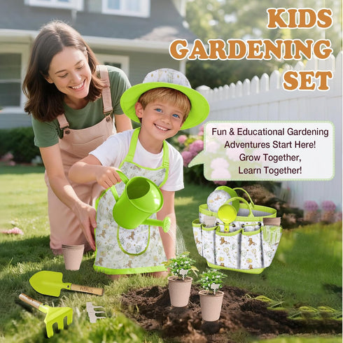 Set 18PCS Set Kids Gardening Tool Kids Toddler Gardening Includes Tote Bag Watering Can Apron Hat Rake Shovel Spoon
