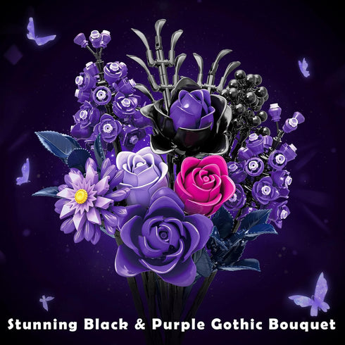 822 Set Gothic Black Purple Roses Bouquet - Pcs Building Blocks for Adults, Lego Compatible Flowers for Home Decor
