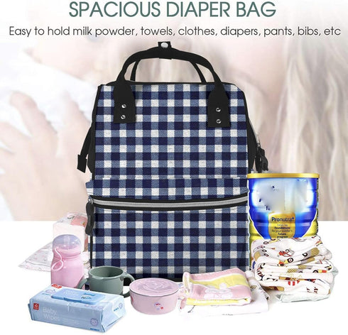 Qewfoju 1 Backpack Navy blue Gingham Pattern Diaper Bag Multifunctional Baby Bags for Baby Girls & Boys Large Capacity