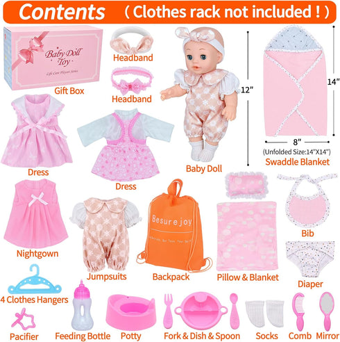 Besurejoy 12'' Playset 4 Bottle,Backpack Set Baby Doll with Outfits,Clothes Hanger,Swaddle