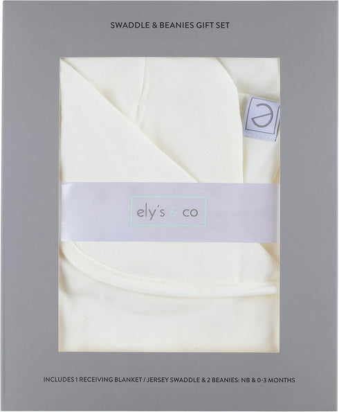 2 Set, Ely's & Co. Cotton Knit Jersey Swaddle Blanket and Beanie Baby Hats Gift Large Receiving Blanket (Ivory)
