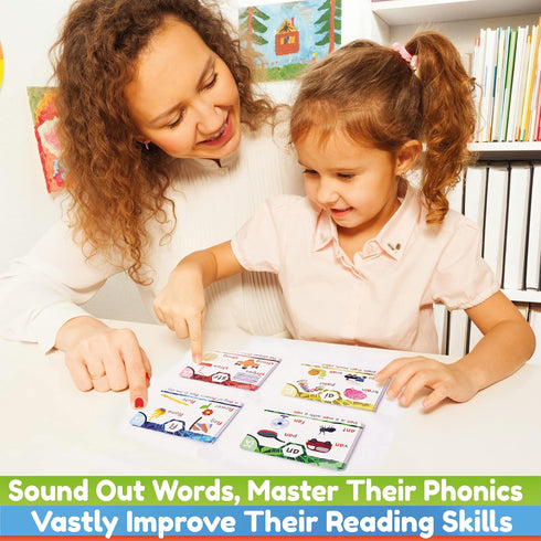 Phonics Flash Cards - Learn to Read in 20 Stages - Digraphs CVC Blends Long Vowel Sounds for Kids Ages 4-8 Educational
