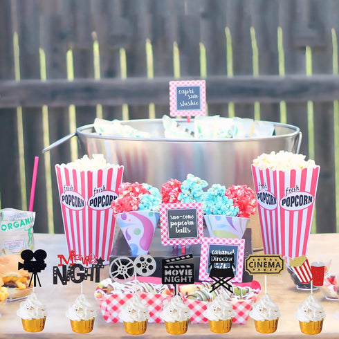 Movie Night Cupcake Toppers Decoration Pack of 24 Glitter Cake Toppers for Birthday Party Baby Shower Theme Supplies