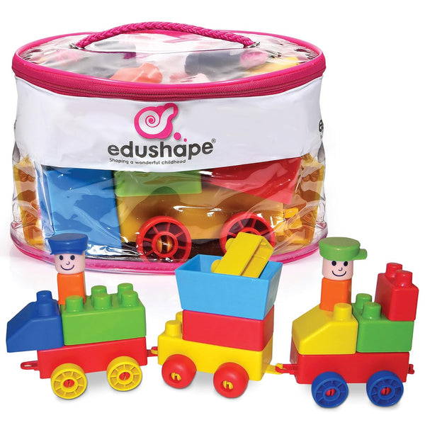 Edushape Train-Themed Soft Baby Blocks for Toddlers 1-3 - 30 Pieces in PVC Bag