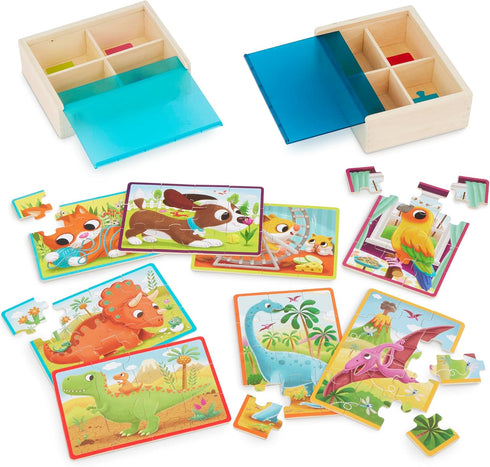 B. toys Pack o' Puzzles 2-Pack, Pets & Dinos Wooden Puzzle Box Set, 12-Piece Jigsaw Puzzles for Kids 3 Years +