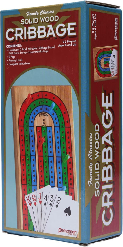 Family Classics Cribbage - Solid Wood Continuous 3 Track Board with Built-In Storage for Pegs