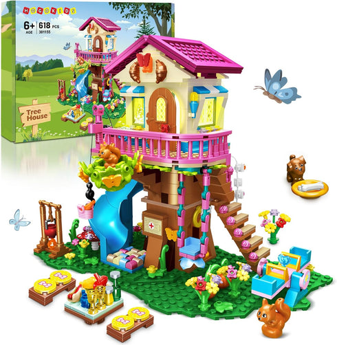 HOGOKIDS Tree House Building Set with LED Light, 622pcs Treehouse Building Blocks Toys, Forest Up House Kit with Slide