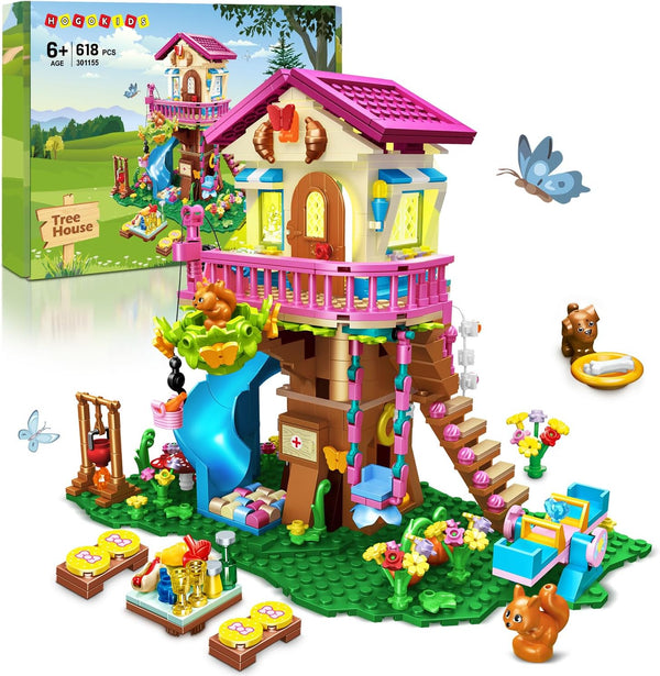 HOGOKIDS Tree House Building Set with LED Light, 622pcs Treehouse Building Blocks Toys, Forest Up House Kit with Slide