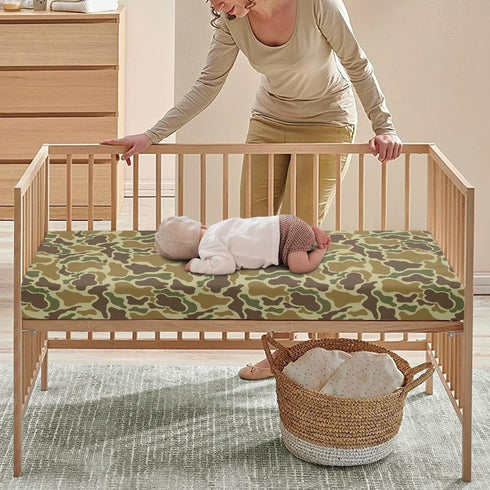 QINBEIDU 28"x52" Vintage Camo Green Fitted Crib Sheet Camouflage Retro Brown Army Standard Crib Mattress Fitted Sheet