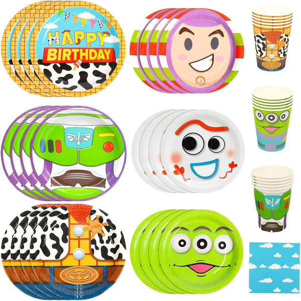 120pcs Cartoon Toy Birthday Party Supplies, Disposable Plates Napkins Cups for Boys Girls Birthday Tableware Set for 30