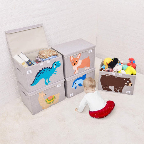 Foldable Large Kids Toy Chest with Flip-Top Lid, Collapsible Fabric Animal Toy Storage Organizer for Toddler, Children,