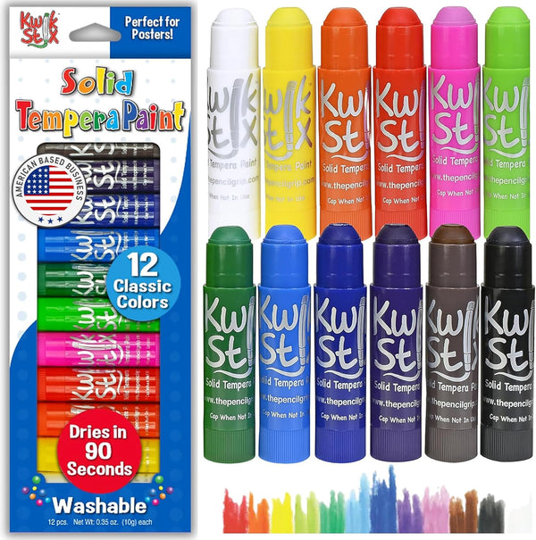 Kwik Stix Solid Tempera Paint Sticks, 12 Colors, Washable Paint Sticks for