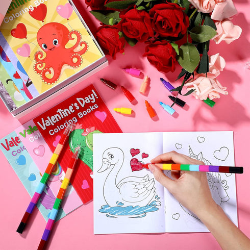 28 28 Funrous Pcs Valentine's Day Coloring Books for Kids Bulk with Stacking Crayons Valentines Activity Books