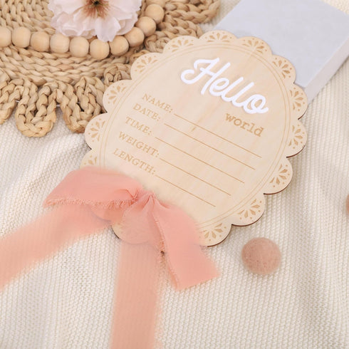 YOUAME Girls Hello World Wood Sign - Newborn Birth Announcement Plaque, Scallop Edge Wooden Sign Disc, Hospital Name