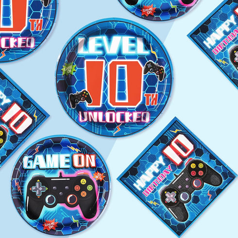96 Pcs 10th Birthday Video Game Party Supplies - 350 GSM Disposable Paper Plates and Napkins Tableware Set for Kids Boys