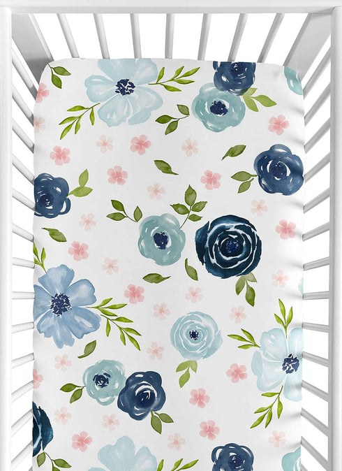 Sweet Jojo Designs Navy Blue and Pink Watercolor Floral Fitted Crib Sheet for Baby or Toddler Bed - Blush, Green, White