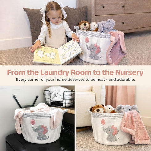 15x11 Elephant Storage Basket for Nursery Large Cotton Rope Bin with Soft Felt Elephant Patch Toy Organizer, Baby