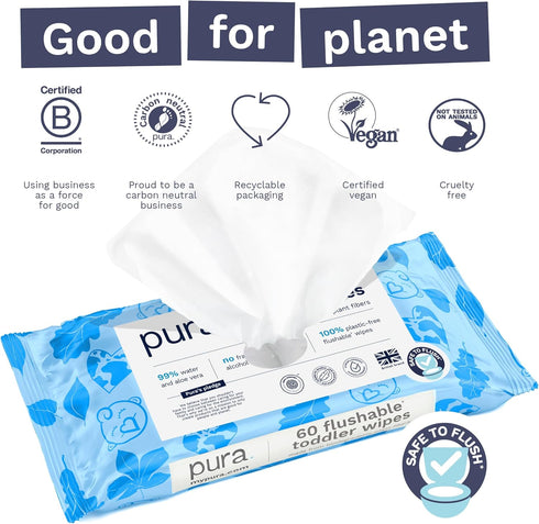1 60 100% 99% Pura Flushable Toddler Wipes x Wipes, Plastic Free, Water, Hypoallergenic & Fragrance Free, Totally