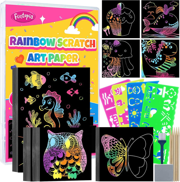 Scratch Art for Kids, Funtopia 100 Sheets Rainbow Scratch Paper, Black Scratch