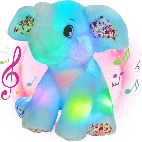 BSTAOFY 12‘’ Musical Light Up Elephant Plush Toy, Blue LED Stuffed Animal Nightlight for Kids Birthday
