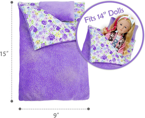 Cozy 2-Piece Playset 14" 2 3 4 June Garden Dream Reversible Doll Sleeping Bag - Doll Accessory with Pillow - Fits