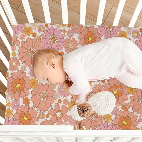 CaTaKu 28"x 52" Mini Crib Sheets Fitted for Girls Boys Retro Orange Flower Baby Crib Sheets, Neutral Mattress Sheets