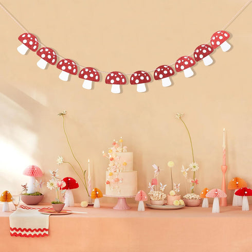 Agkvw Mushroom Garland - Red Glitter Mushroom Banner, Woodland Party Decor, Mushroom Theme Birthday Decorations, Fairy