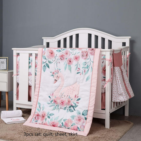 Whimsical Pink Swan Baby Quilt with Watercolor Roses and Satin Trim