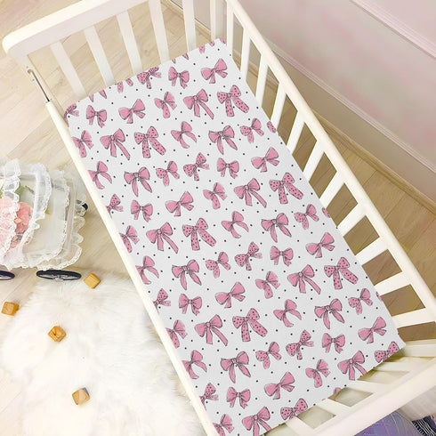 Vdsrup 39 27 5In Crib Sheets for Boys Girl Pink Bows Polka Dots Neutral Mini Crib Mattress Sheets Fitted, Toddler Baby