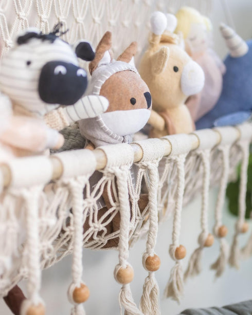 16" 22" Crane Baby Macrame Hanging Storage Bin for Nursery, Boho Baby Decor, Baby Toy Hanging Basket Wall Storage