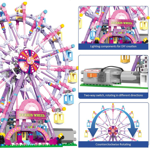 Ferris Wheel Building Block Set with Fairy Light, Two-Way Rotating Ferris Wheel Building Set, 813 Pieces, Amusement