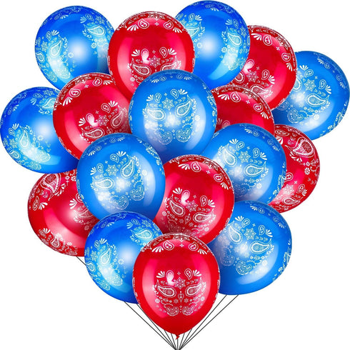 Zonon 40 Pcs Western Cowboy Balloons - Bandana Balloons Blue and Red, Large 12 Inch Latex Bandana Print Decorations Kit