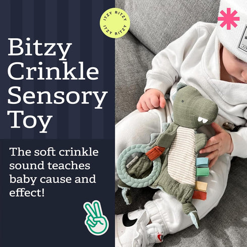 0 Itzy Ritzy - Bitzy Crinkle Sensory Toy Dinosaur with Crinkle Sound for Babies & Toddlers - Features Soft Braided