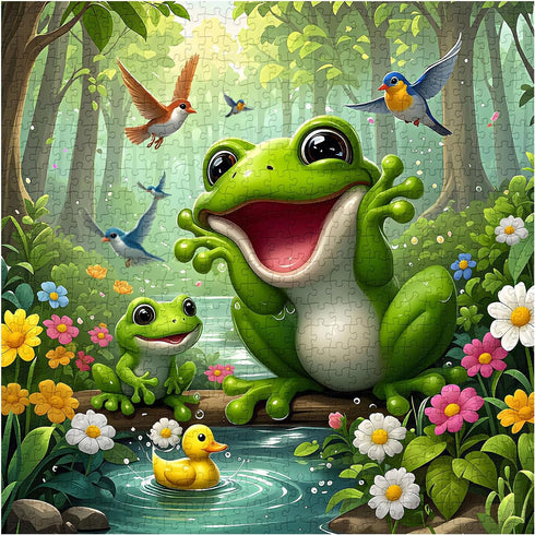 PPuzzling 1000 Cute Forest Frog Puzzles for Adults Pieces, Nature Animal Scene Jigsaw Puzzle with Birds, Flowers
