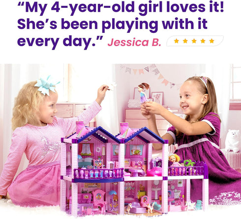 Dollhouse Toy for Little Girls with 2 Princesses, 4 Unicorns, Dog, Furniture, Accessories - Pink & Purple