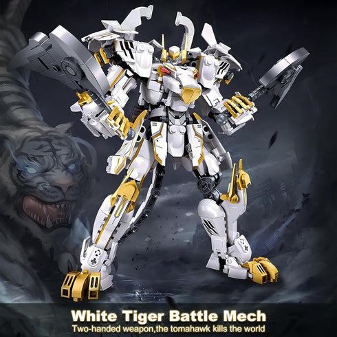 Set Playset, 679 14+ HIGH GODO Mech Robot Building Blocks for Adults, Flexible Cool White Tiger Warrior Model Kit
