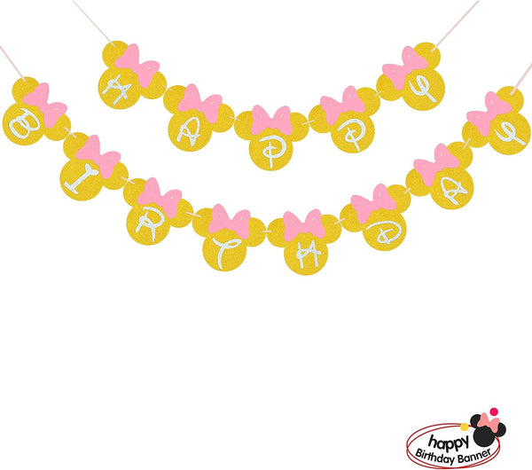 Pink and Gold Glitter Happy Birthday Banner, Minnie Themed Party Supplies Decoration for Girls