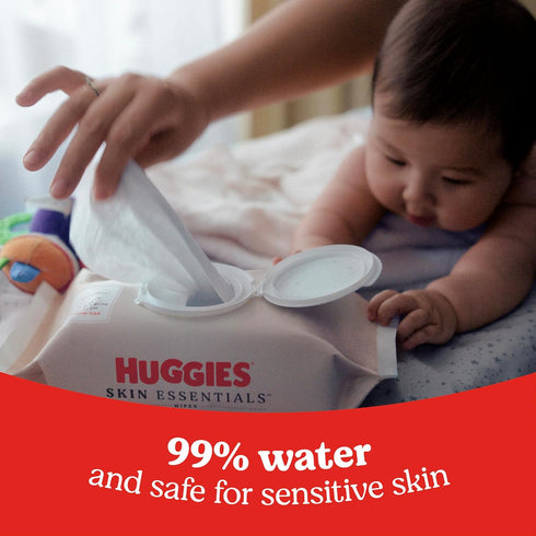 99% 10 Packs (560 Huggies Skin Essentials Baby Wipes, Hypoallergenic, Water, Flip Top Wipes Total)