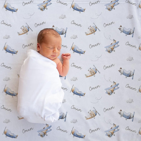 Stork Wares 30x40inch (BB343) Retro Airplanes Personalized Baby Boy Swaddle Blanket, White