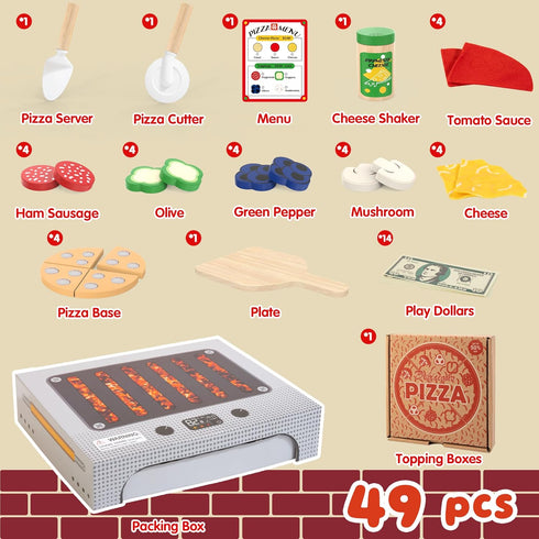 Set, 3 4 5 6, WOODMAM Pizza Toy Montessori Realistic Play Food with Oven Box, Educational Learning Toys