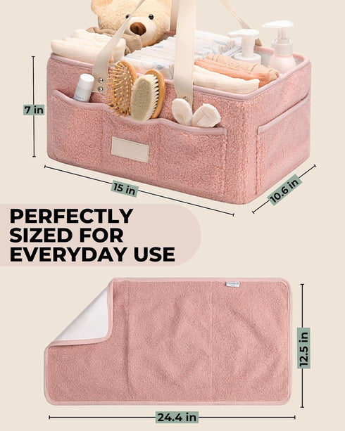 Baby Diaper Caddy Organizer with Portable Changing Mat - Teddy Fleece Diaper Organizer for Changing Table - Basket