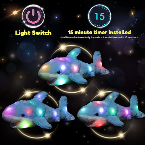 16'' Hopearl LED Plush Shark Lighting Up Stuffed Animal Floppy Night Lights Glow in The Dark Birthday Festival for Kids