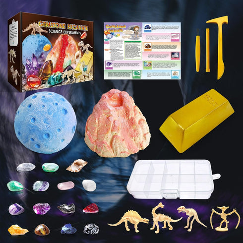 UNGLINGA Gemstone Excavation Kit, Excavate 15 Gems and 4 Plastic Dinosaur Fossil Skeletons, Science Experiments for Kids
