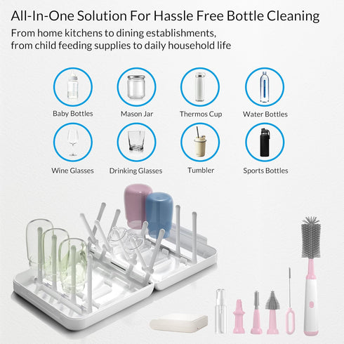 Set,Complete Set Powerful Electric Baby Bottle Brush Cleaner with Silicone Bottle/Nipple/Gap/Straw Brushes,Plus a
