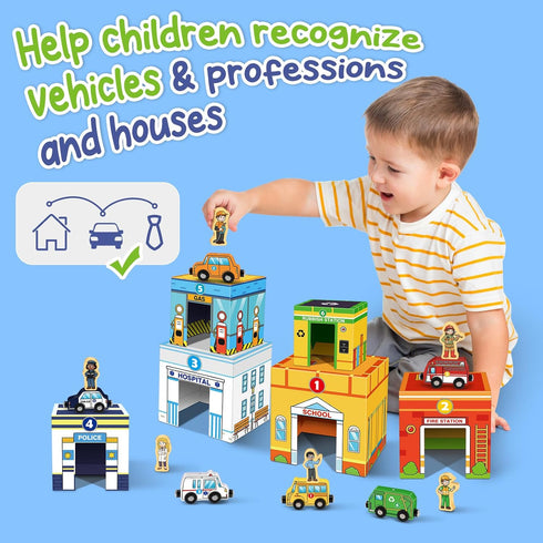 Vehicle,Cars&Community 1 2 3 Aizweb Toddler Sorting&Stacking Toys with Magnetic Wooden Helpers,STEM Building