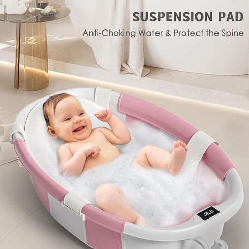 0-36 Collapsible Baby Bathtub for Newborn to Toddler Months,Spacious Foldable Infant Bath Tub with Thermometer,Cushion
