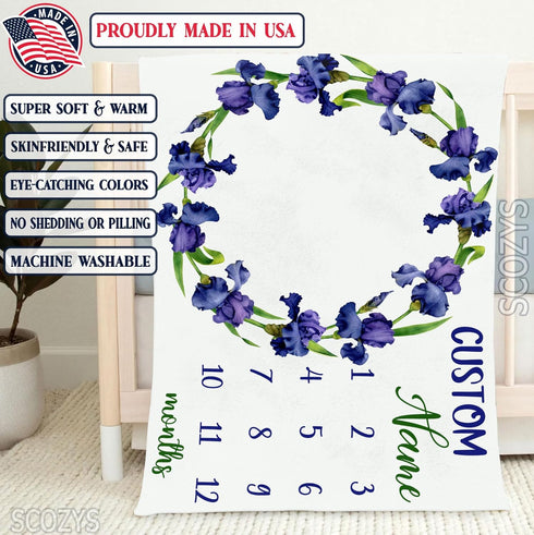 Personalized Iris Flower Baby Monthly Blanket, Custom Iris Flower Baby Nursery Monthly Blanket, Flower Receiving